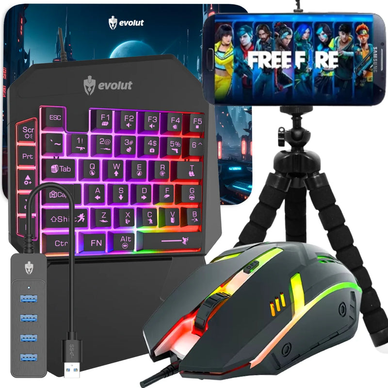Gamer Mobilator Kit One Hand 60% Black Led Wired Mobile Phone Keyboard Mouse Tripod Usb Rgb Otg Tripod